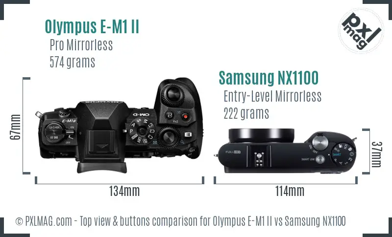 Olympus E-M1 II vs Samsung NX1100 top view buttons comparison Olympus E-M1 II vs Samsung NX1100 top view buttons comparison