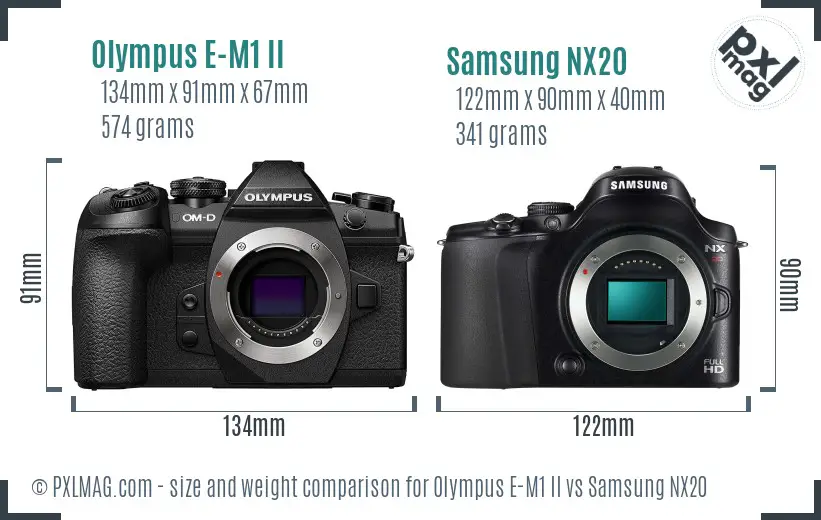 Olympus E-M1 II vs Samsung NX20 size comparison