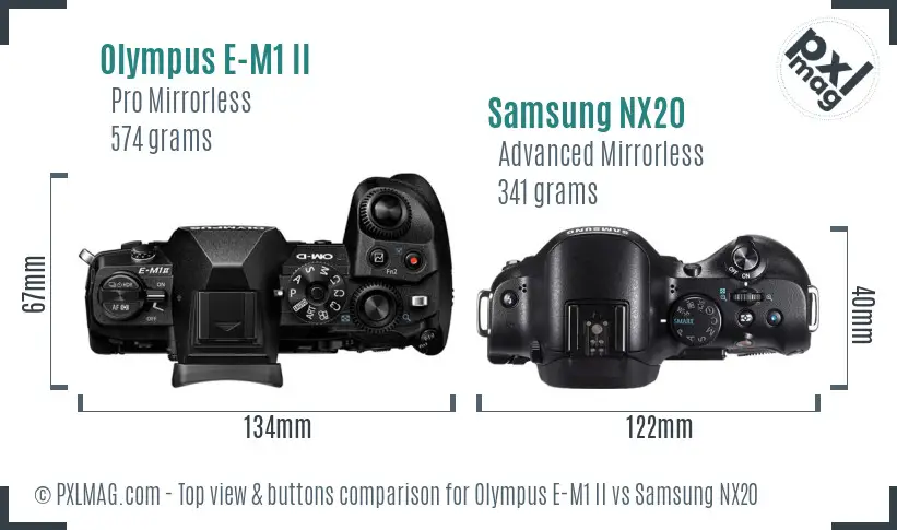 Olympus E-M1 II vs Samsung NX20 top view buttons comparison