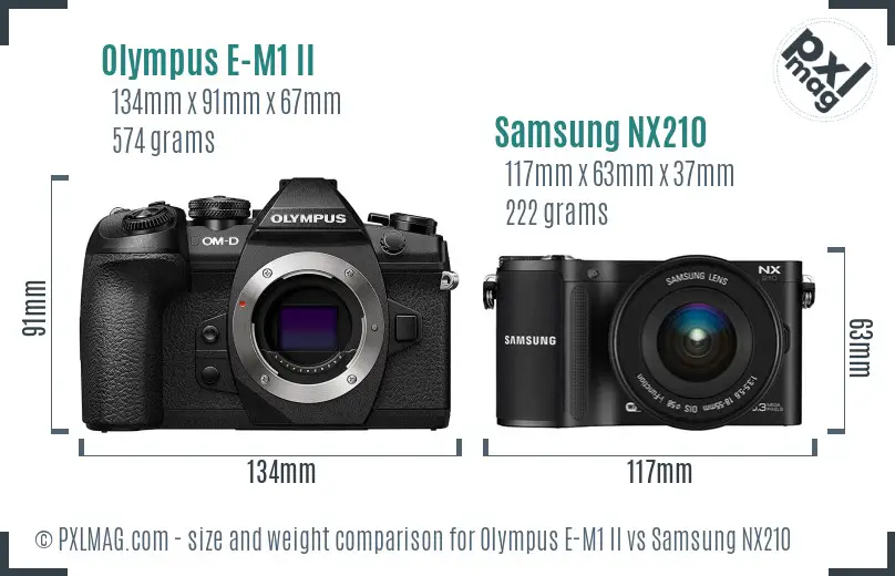 Olympus E-M1 II vs Samsung NX210 size comparison