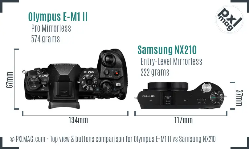 Olympus E-M1 II vs Samsung NX210 top view buttons comparison