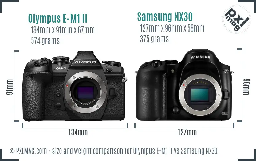 Olympus E-M1 II vs Samsung NX30 size comparison