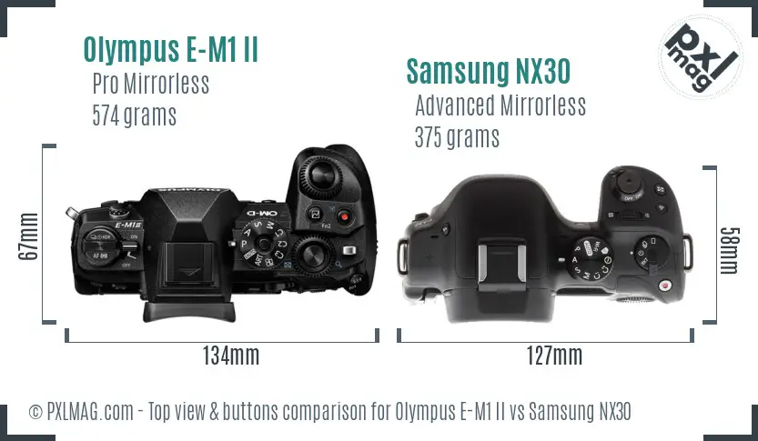 Olympus E-M1 II vs Samsung NX30 top view buttons comparison
