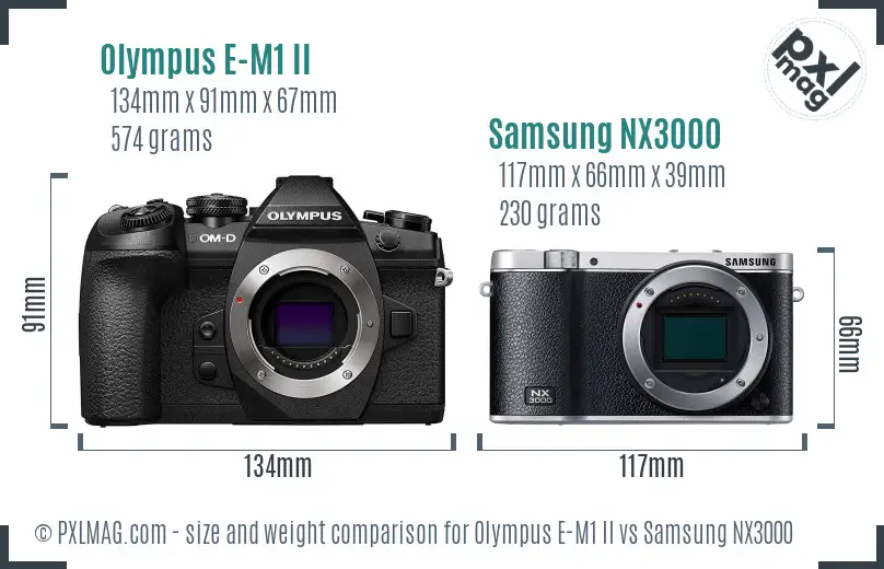 Olympus E-M1 II vs Samsung NX3000 size comparison