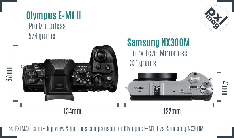 Olympus E-M1 II vs Samsung NX300M top view buttons comparison
