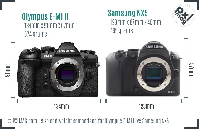 Olympus E-M1 II vs Samsung NX5 size comparison