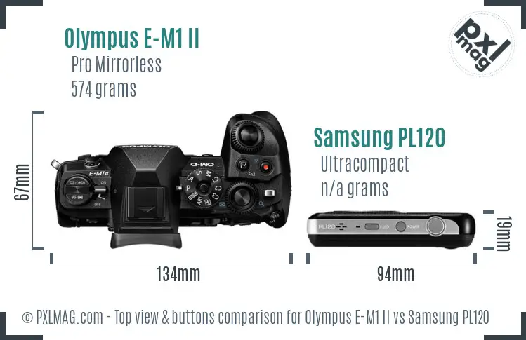 Olympus E-M1 II vs Samsung PL120 top view buttons comparison