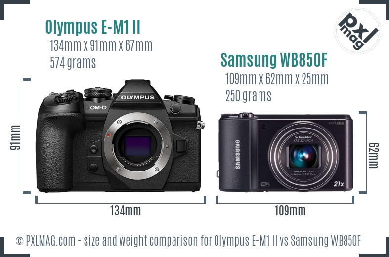 Olympus E-M1 II vs Samsung WB850F size comparison