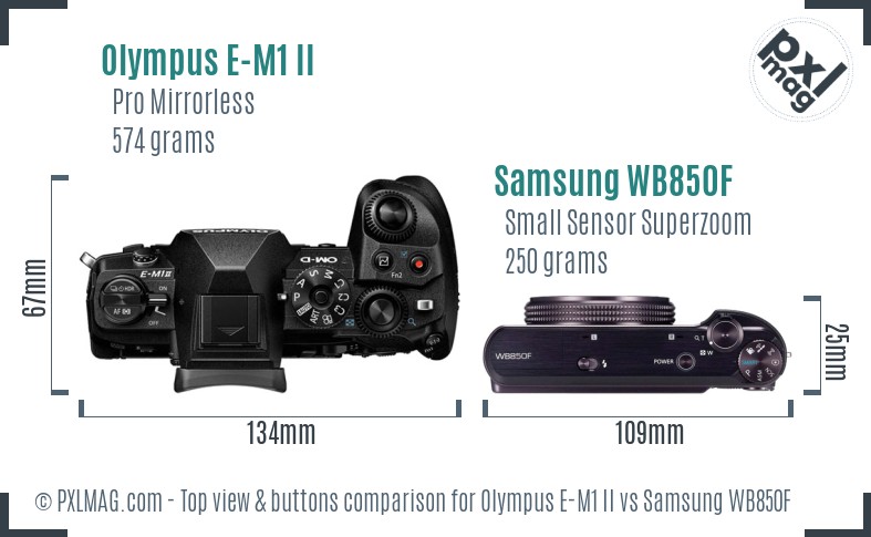 Olympus E-M1 II vs Samsung WB850F top view buttons comparison