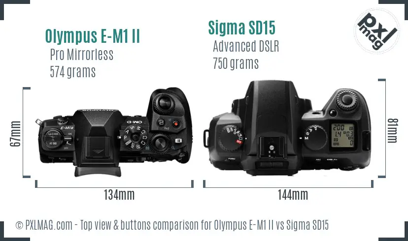 Olympus E-M1 II vs Sigma SD15 top view buttons comparison