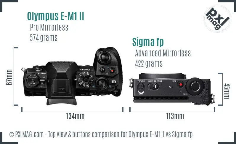 Olympus E-M1 II vs Sigma fp top view buttons comparison Olympus E-M1 II vs Sigma fp top view buttons comparison