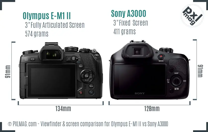 Olympus E-M1 II vs Sony A3000 Screen and Viewfinder comparison