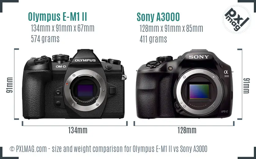 Olympus E-M1 II vs Sony A3000 size comparison