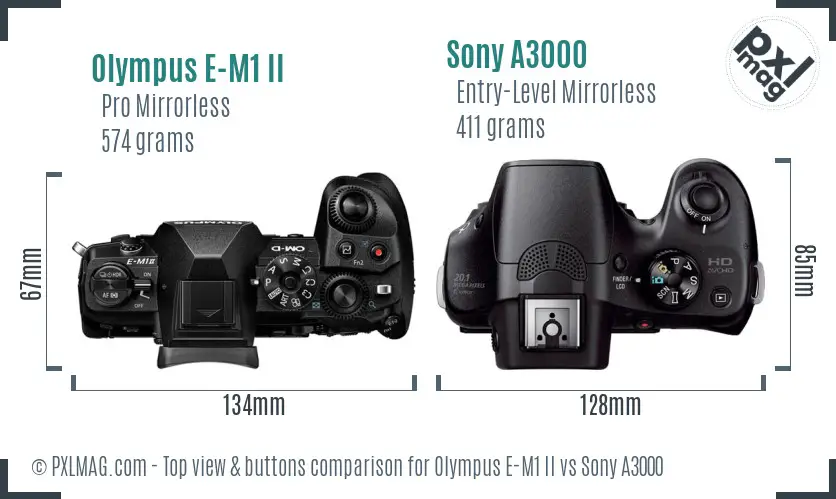 Olympus E-M1 II vs Sony A3000 top view buttons comparison