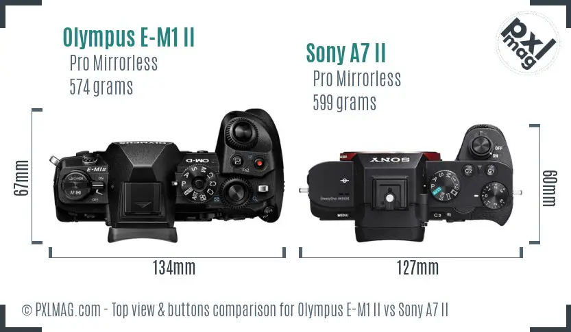 Olympus E-M1 II vs Sony A7 II top view buttons comparison
