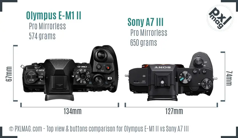 Olympus E-M1 II vs Sony A7 III top view buttons comparison