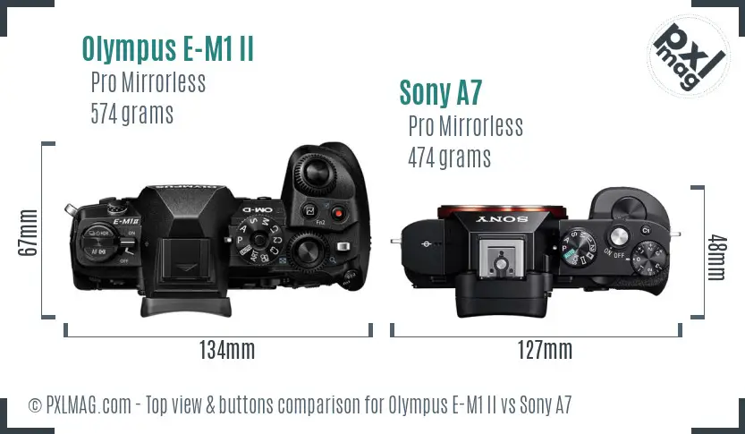Olympus E-M1 II vs Sony A7 top view buttons comparison