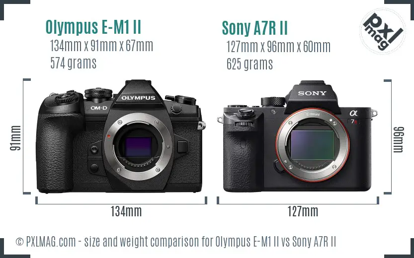 Olympus E-M1 II vs Sony A7R II size comparison