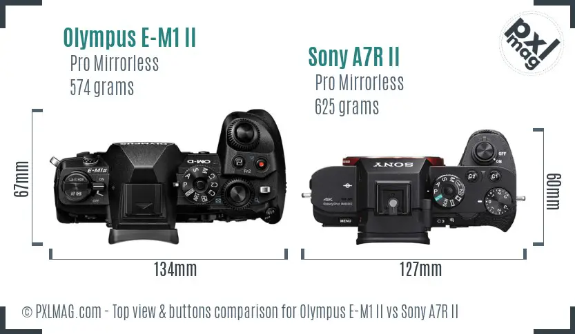 Olympus E-M1 II vs Sony A7R II top view buttons comparison