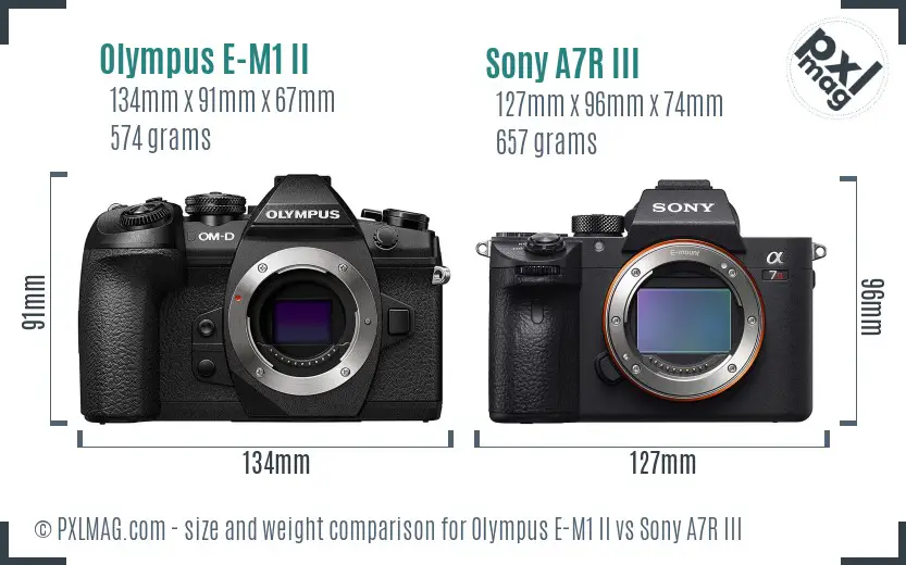 Olympus E-M1 II vs Sony A7R III size comparison