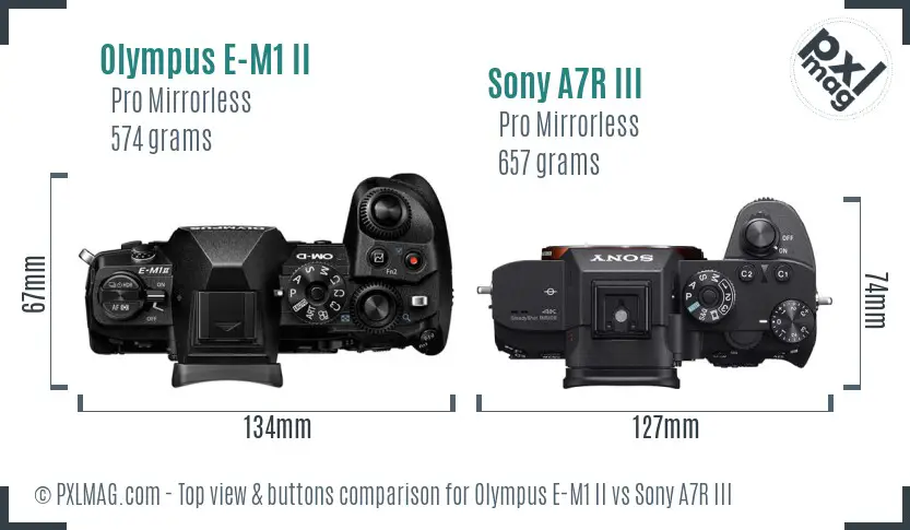 Olympus E-M1 II vs Sony A7R III top view buttons comparison