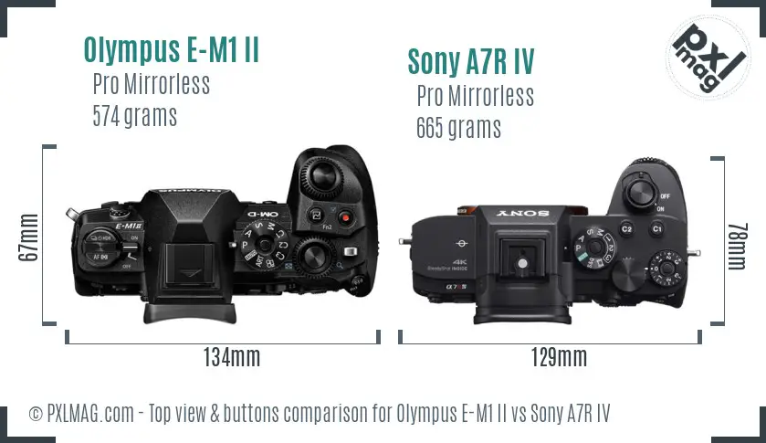 Olympus E-M1 II vs Sony A7R IV top view buttons comparison