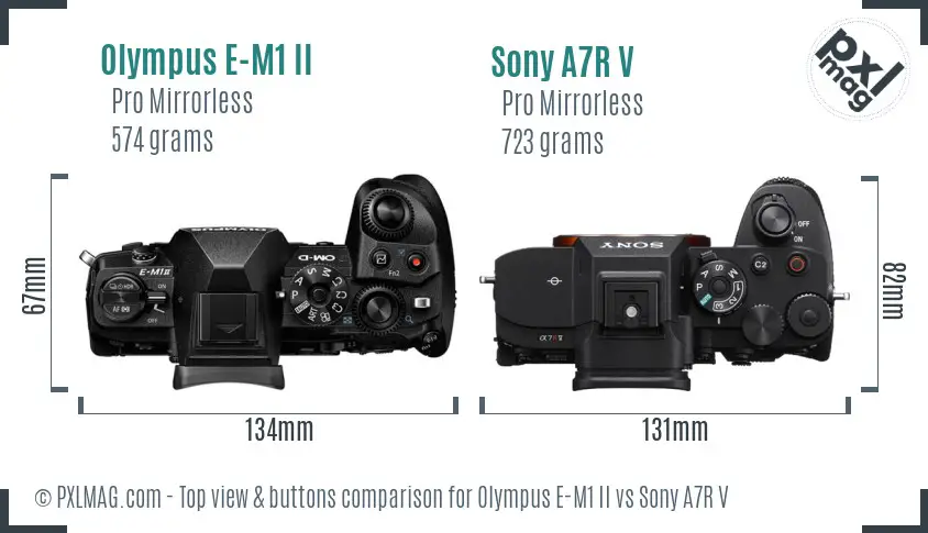 Olympus E-M1 II vs Sony A7R V top view buttons comparison