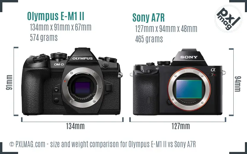 Olympus E-M1 II vs Sony A7R size comparison