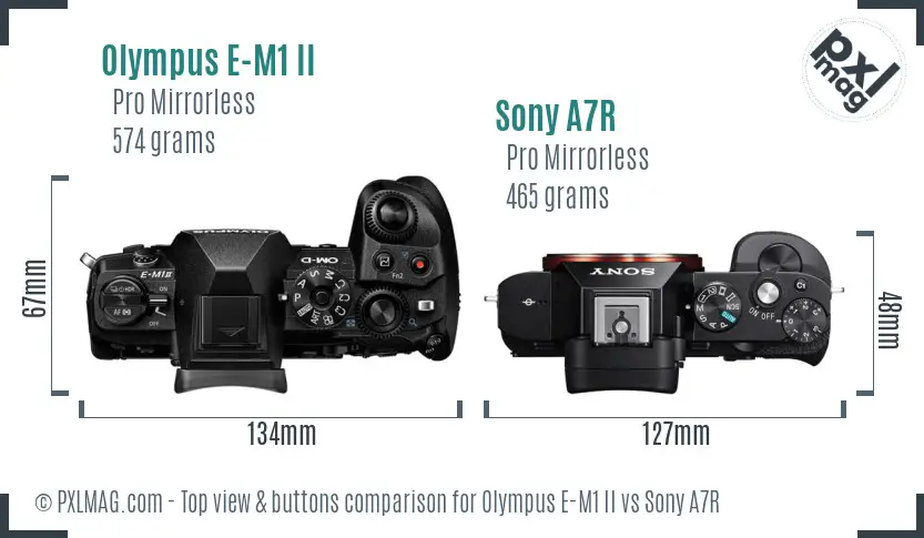 Olympus E-M1 II vs Sony A7R top view buttons comparison