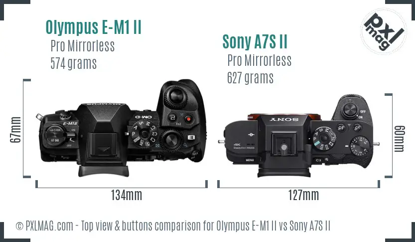 Olympus E-M1 II vs Sony A7S II top view buttons comparison Olympus E-M1 II vs Sony A7S II top view buttons comparison