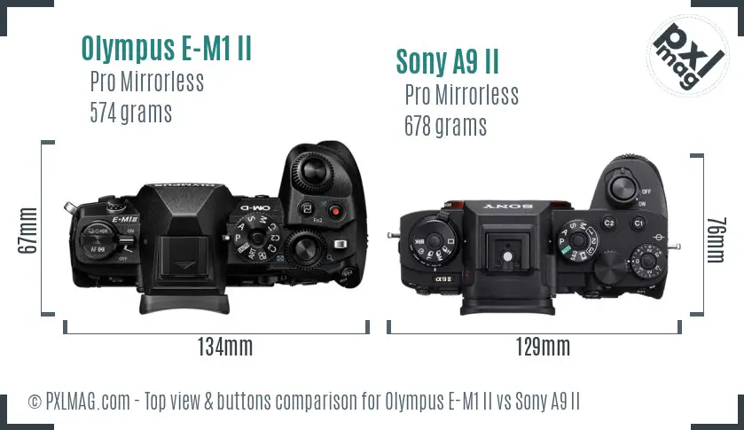 Olympus E-M1 II vs Sony A9 II top view buttons comparison