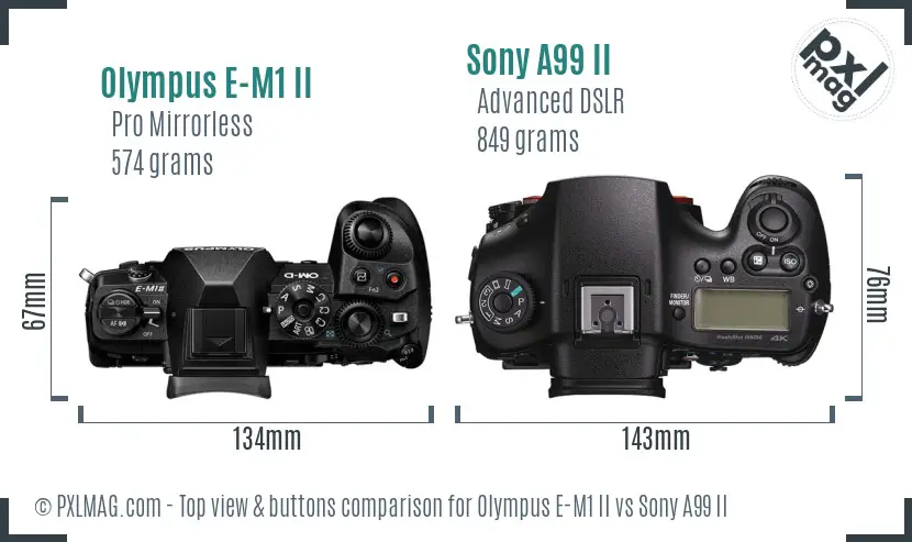 Olympus E-M1 II vs Sony A99 II top view buttons comparison