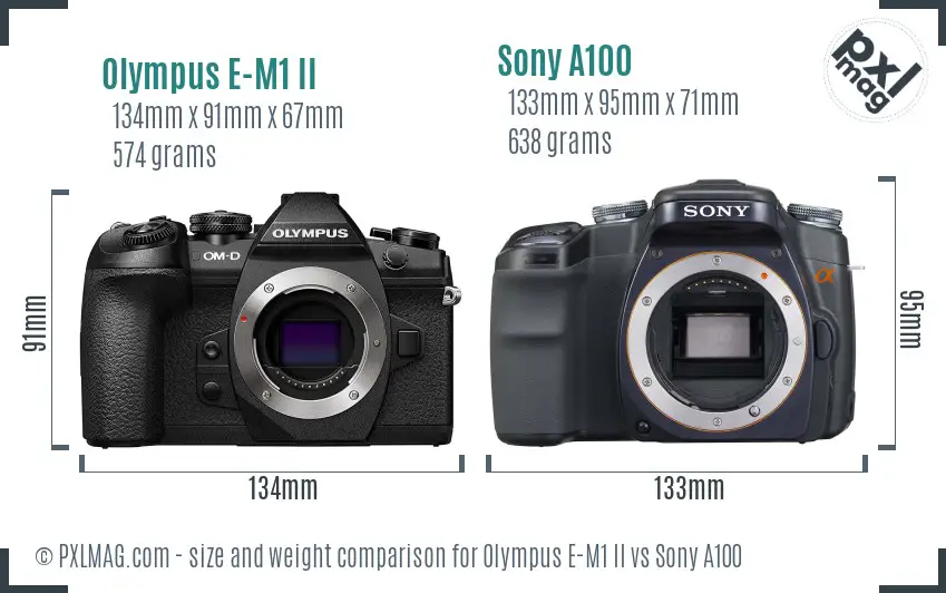 Olympus E-M1 II vs Sony A100 size comparison