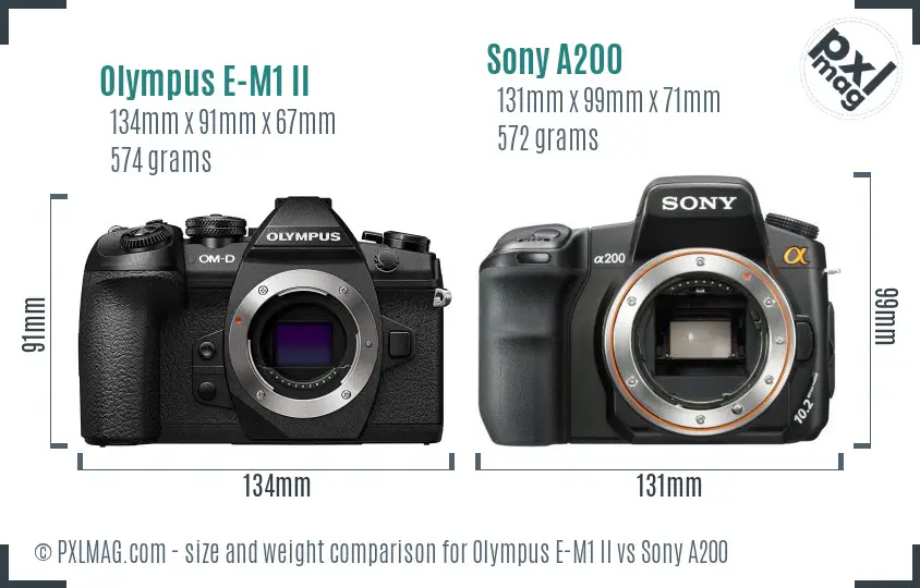 Olympus E-M1 II vs Sony A200 size comparison