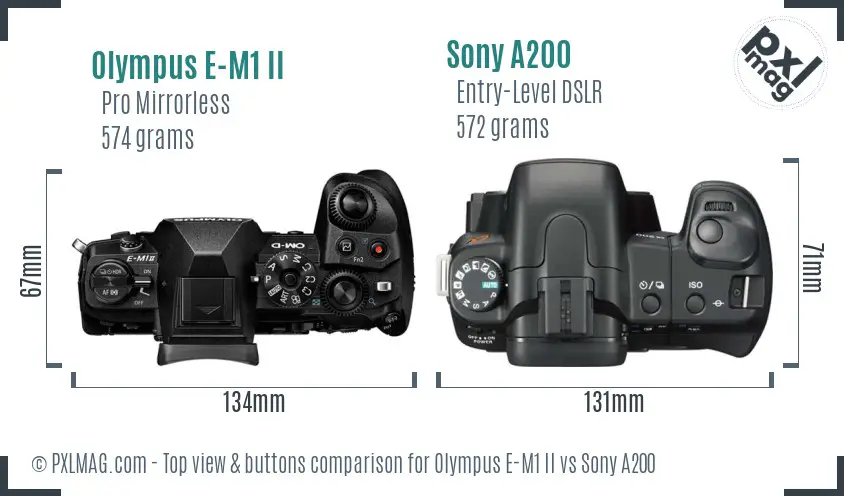 Olympus E-M1 II vs Sony A200 top view buttons comparison