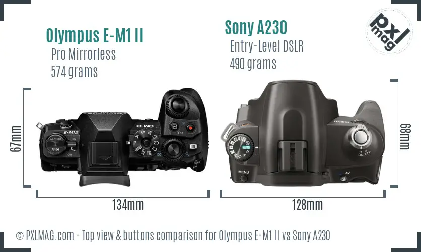Olympus E-M1 II vs Sony A230 top view buttons comparison