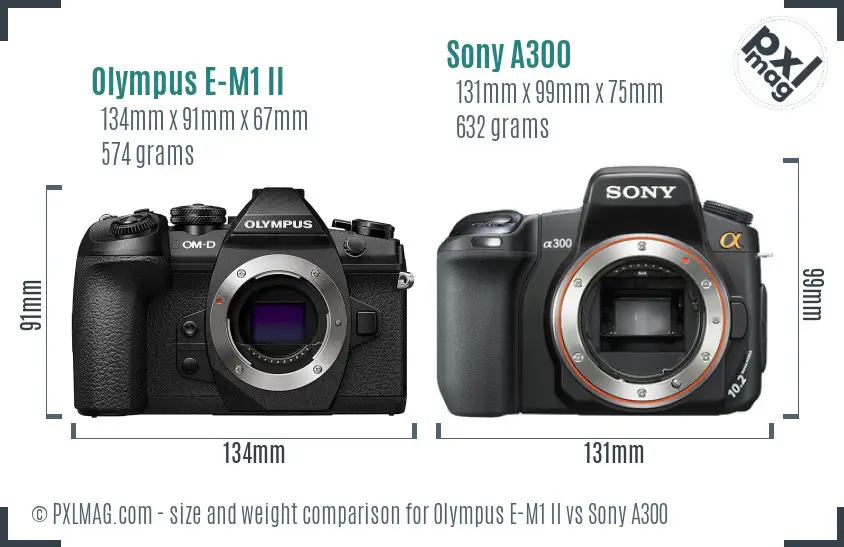 Olympus E-M1 II vs Sony A300 size comparison