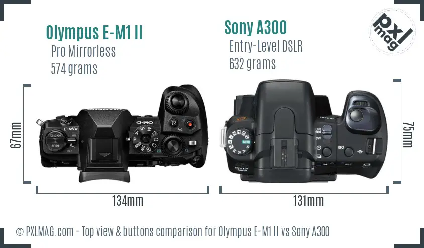 Olympus E-M1 II vs Sony A300 top view buttons comparison
