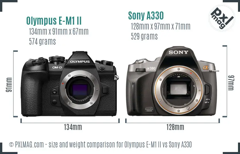 Olympus E-M1 II vs Sony A330 size comparison