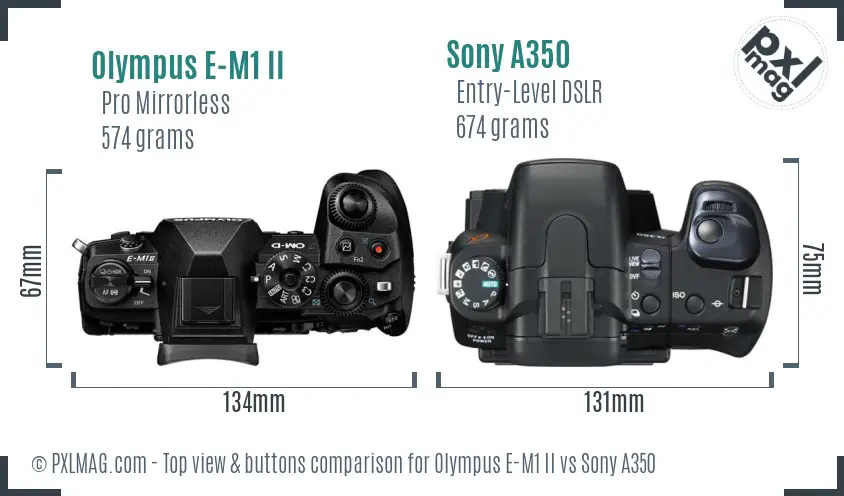 Olympus E-M1 II vs Sony A350 top view buttons comparison