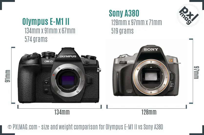 Olympus E-M1 II vs Sony A380 size comparison