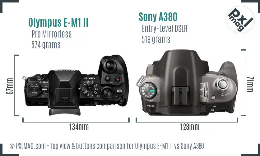 Olympus E-M1 II vs Sony A380 top view buttons comparison