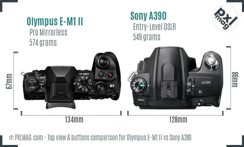Olympus E-M1 II vs Sony A390 top view buttons comparison