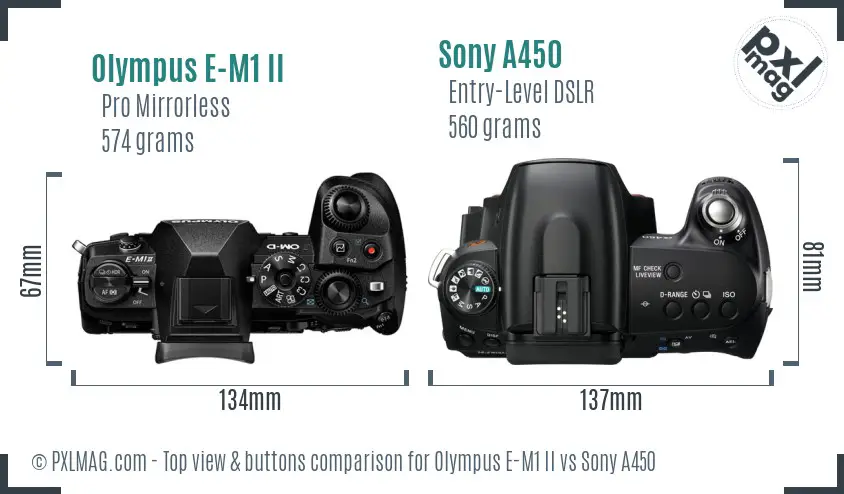 Olympus E-M1 II vs Sony A450 top view buttons comparison