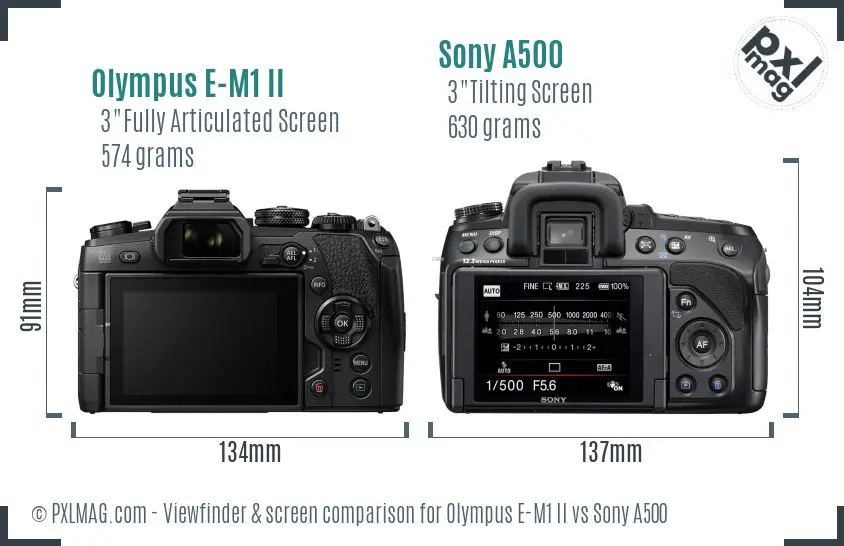 Olympus E-M1 II vs Sony A500 Screen and Viewfinder comparison