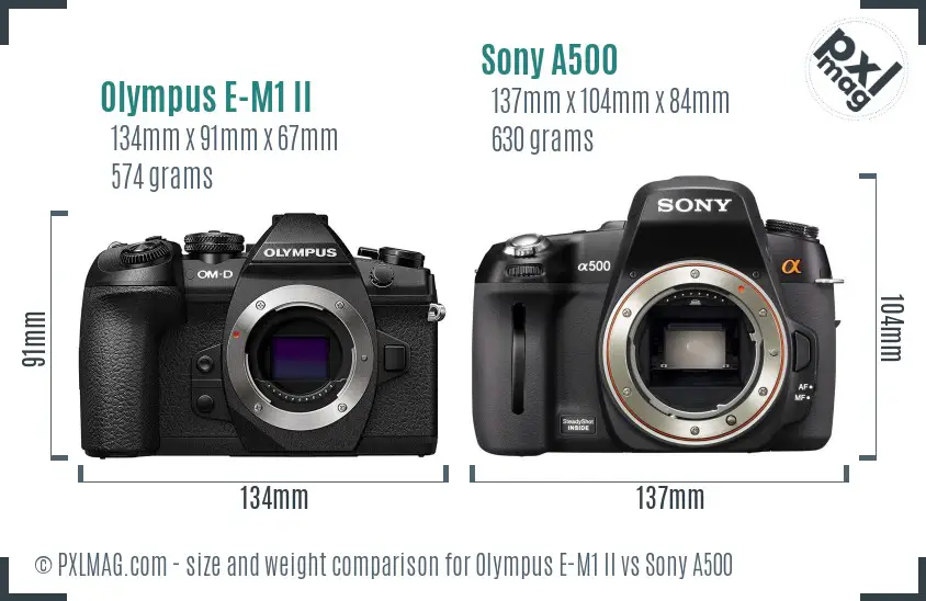 Olympus E-M1 II vs Sony A500 size comparison