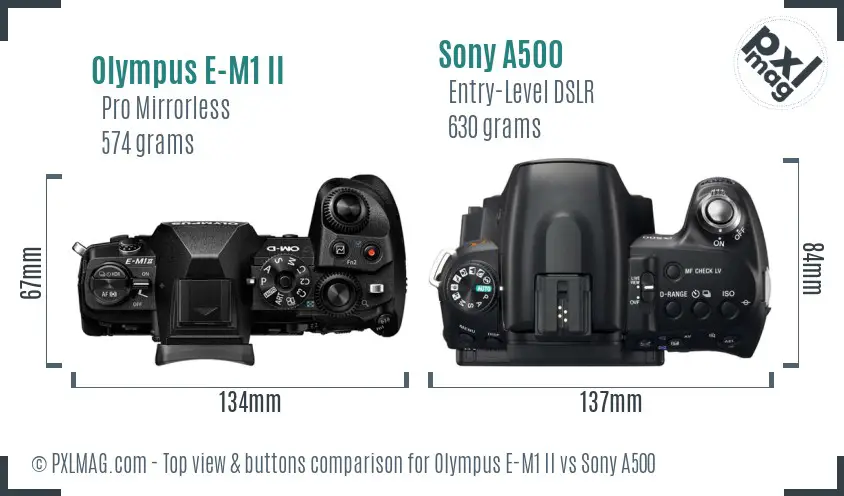 Olympus E-M1 II vs Sony A500 top view buttons comparison