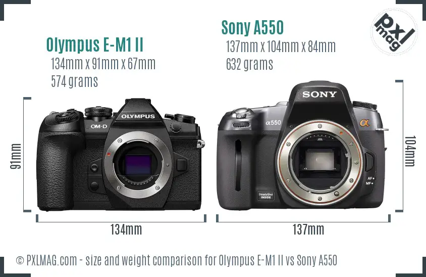 Olympus E-M1 II vs Sony A550 size comparison