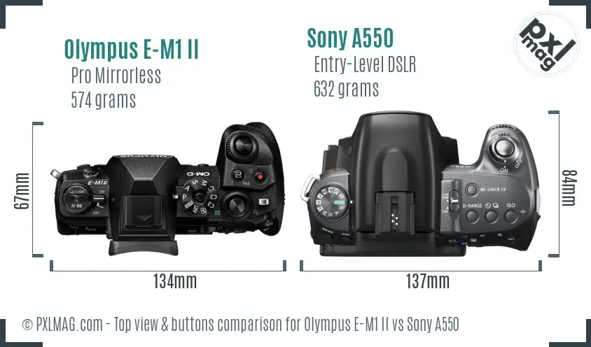 Olympus E-M1 II vs Sony A550 top view buttons comparison