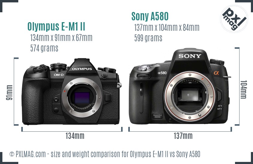 Olympus E-M1 II vs Sony A580 size comparison